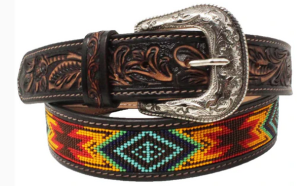 Challenger Horsewear Western Antique Floral Tooled Beaded Full-Grain Leather Belt 26FK30