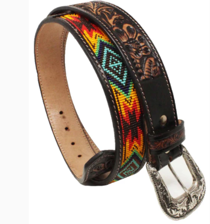 A full-grain leather belt with antique  tooled leather design and beaded details, featuring a Western buckle. 