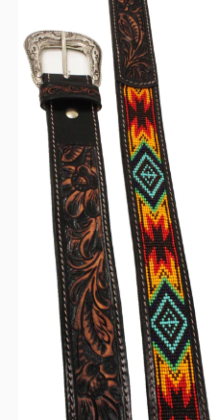 A full-grain leather belt with antique  tooled leather design and beaded details, featuring a Western buckle. Close up view of leather and bead details. 