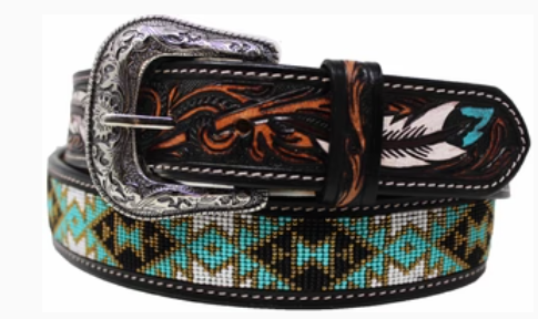 Challenger Horsewear Western Antique Floral Tooled Beaded Full-Grain Leather Belt 26FK60