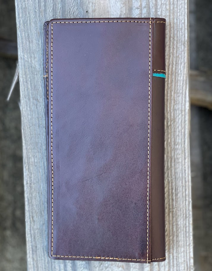 Coffee Brown leather tall wallet with a embossed Rooster design and turquoise blue inlay. Rear View