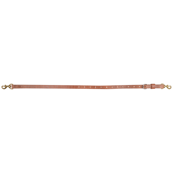 Martin Saddlery Tiedown in 3/4 inch Harness Leather. Has brass snaps sewn onto each end for attachment and a buckle and punched holes for easy length adjustment Full length flat view.