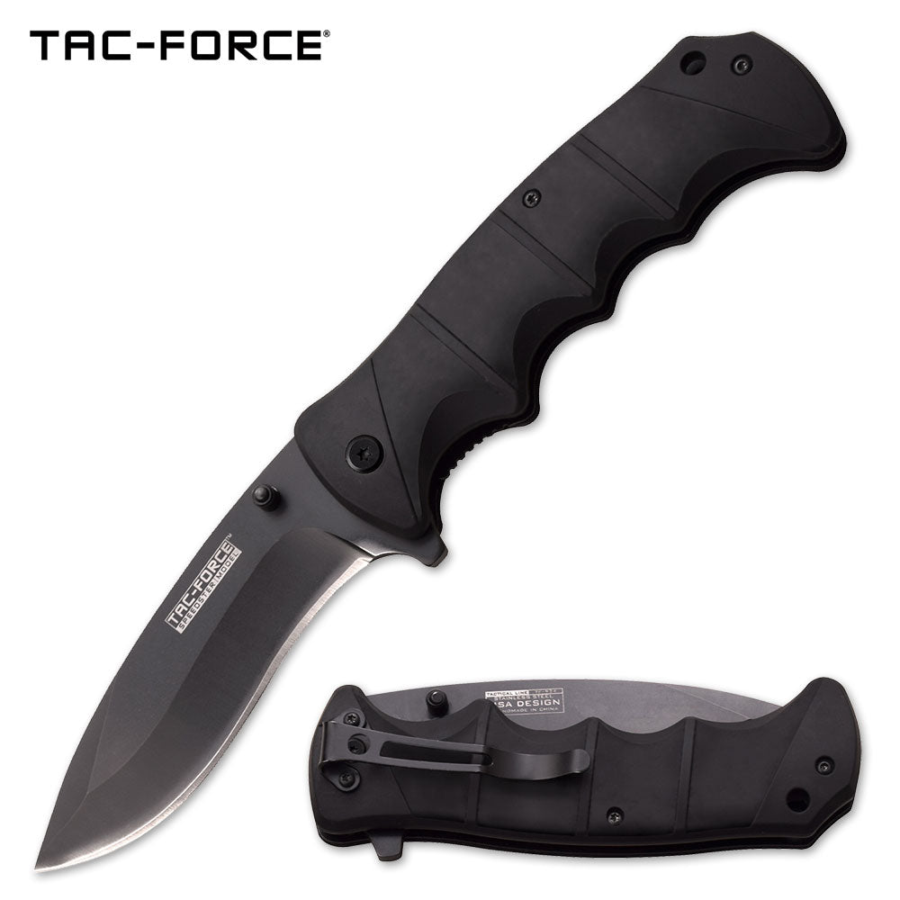 This Black knife from Tac-Force features a stainless steel blade and a rubberized Black handle. 