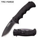 This Black knife from Tac-Force features a stainless steel blade and a rubberized Black handle. 