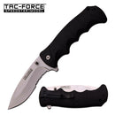 TAC FORCE model TF-924MS Spring Assisted Knife with a black rubberized handle and a partially serrated blade.