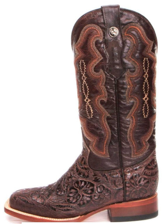 Women's Tanner Mark TML201759 Brown Hand Tooled Wide Square Toe Boot