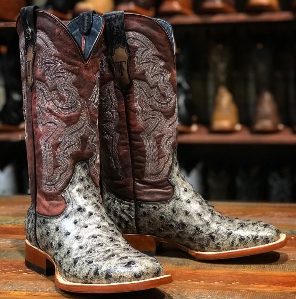 Women's Tanner Mark TML207052 Rustic Black Charcoal Ostich Print Wide Square Toe Boot