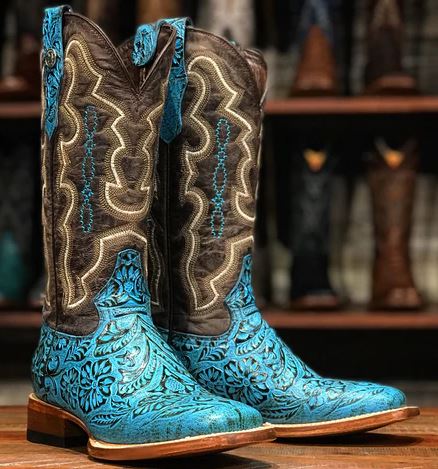 Women's Tanner Mark TML207067 Turquoise Hand Tooled Wide Square Toe Boot (SHOP IN-STORE)
