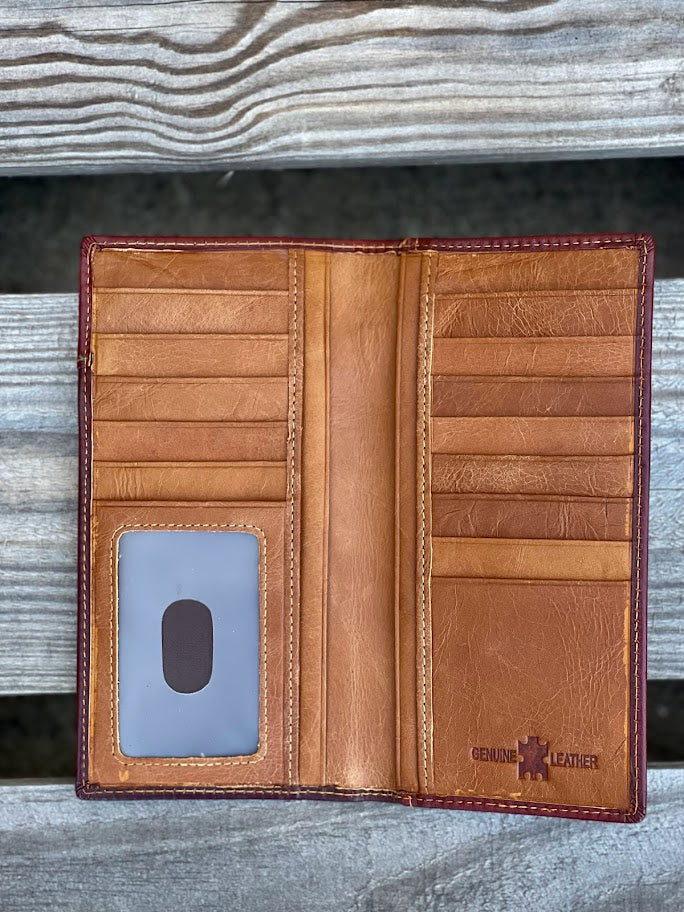 Brown leather tall wallet with a embossed Rooster design and turquoise blue inlay. Inside view showing ID window and multiple card and bill slots. 