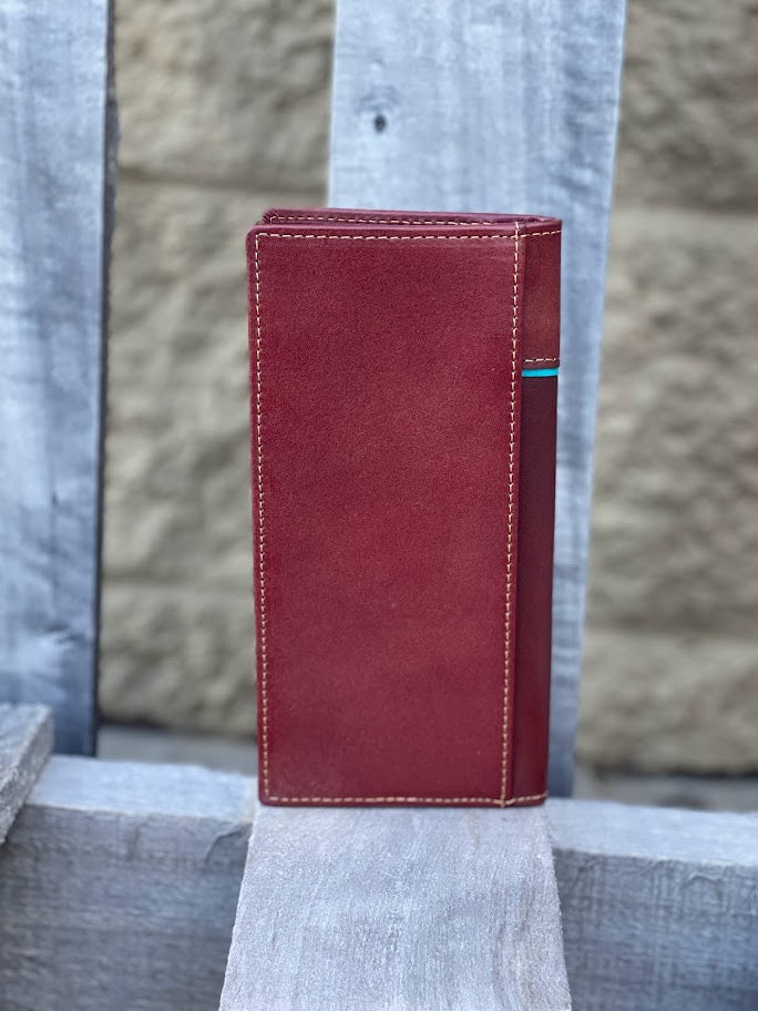 Brown leather tall wallet with a embossed Rooster design and turquoise blue inlay.  Rear view