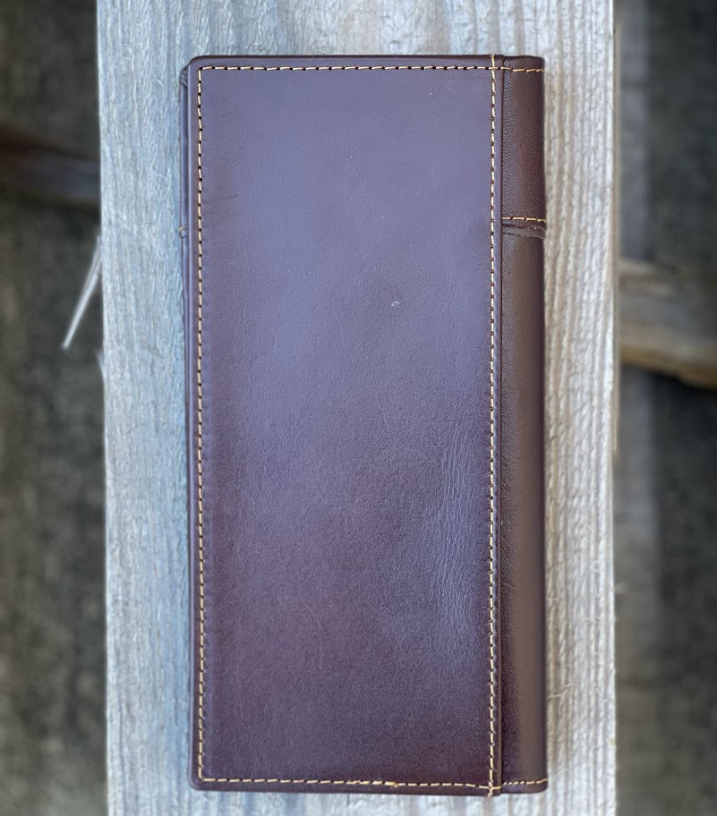 Coffee Brown leather tall wallet with a Brown inlay and a embossed Praying Cowboy design. Rear View