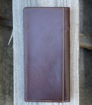 Coffee Brown leather tall wallet with a Brown inlay and a embossed Praying Cowboy design. Rear View