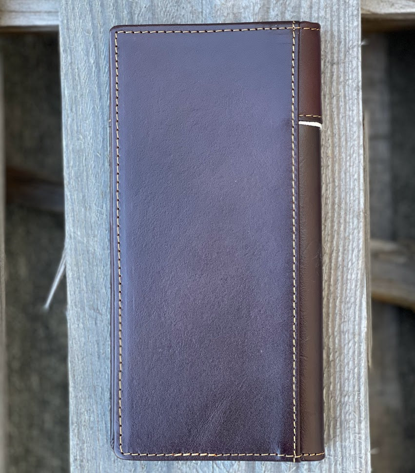Coffee Brown leather tall wallet with embossed Bull Rider design with a beige inlay.  Rear view