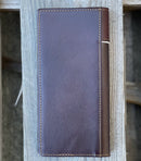 Coffee Brown leather tall wallet with a embossed Rooster design and Beige inlay.  Rear View 