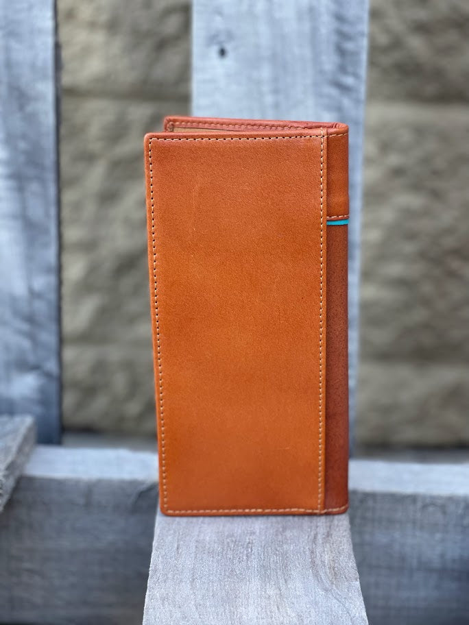 Light Brown tall leather wallet with Turquoise inlay featuring a embossed Rooster design. Rear view