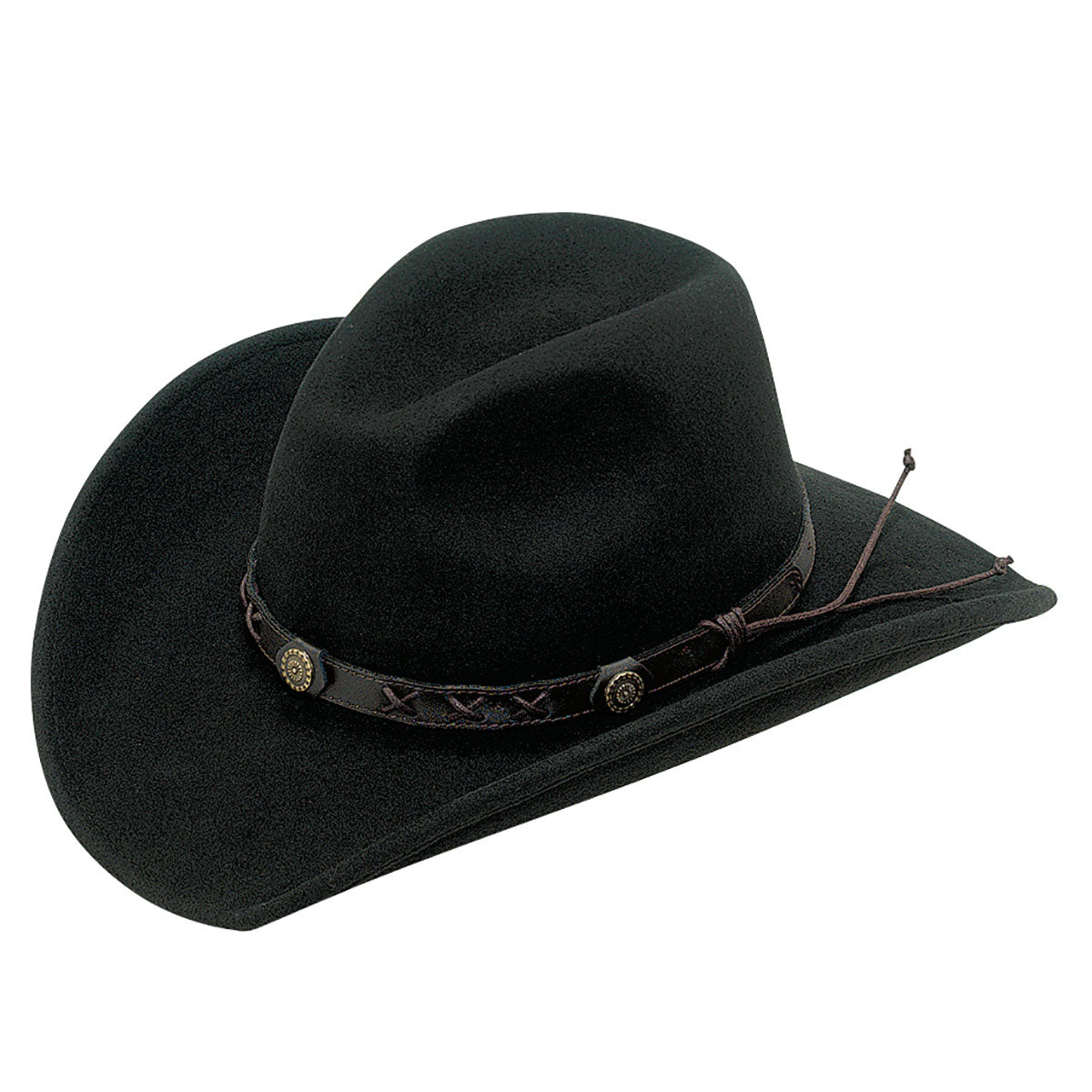 A black crushable wool Twister western hat with a Dakota style leather hatband.