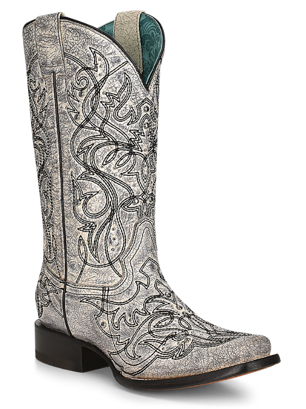 Women's Corral Z5094 Black & White Embroidery With Silver Studs Square Toe Boot (SHOP IN-STORES TOO)