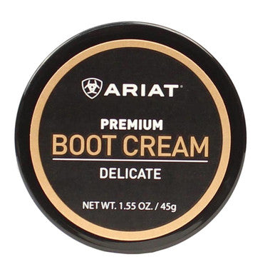 A container of Ariat premium delicate leathers boot cream. Front view.