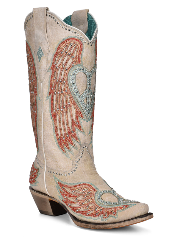 A Women's Corral 13-inch heart and wings snip toe boot with studded cowhide inlay. Angled Front View.