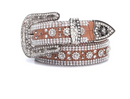 Women's brown print leather belt with crystals and coordinating 3-piece buckle set. Buckle is removable.