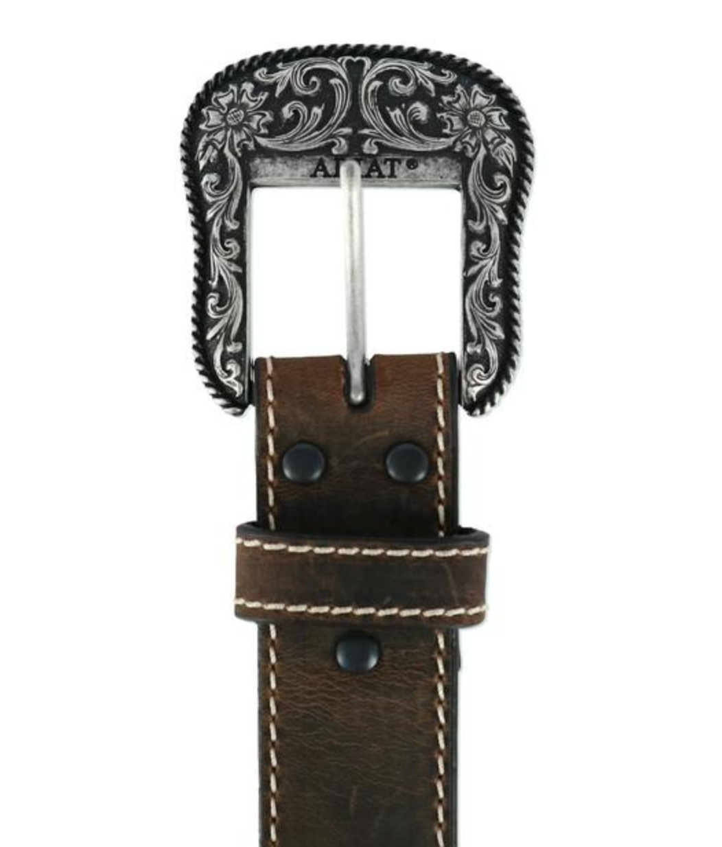 Women's Ariat brown leather western style belt with a floral silver buckle view