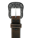 Women's Ariat brown leather western style belt with a floral silver buckle view