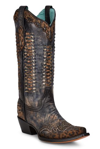 Women's Corral C3881 13" Black/Leopard Print Overlay/Embroidery/Studs/Woven Snip Toe (SHOP IN-STORE TOO)