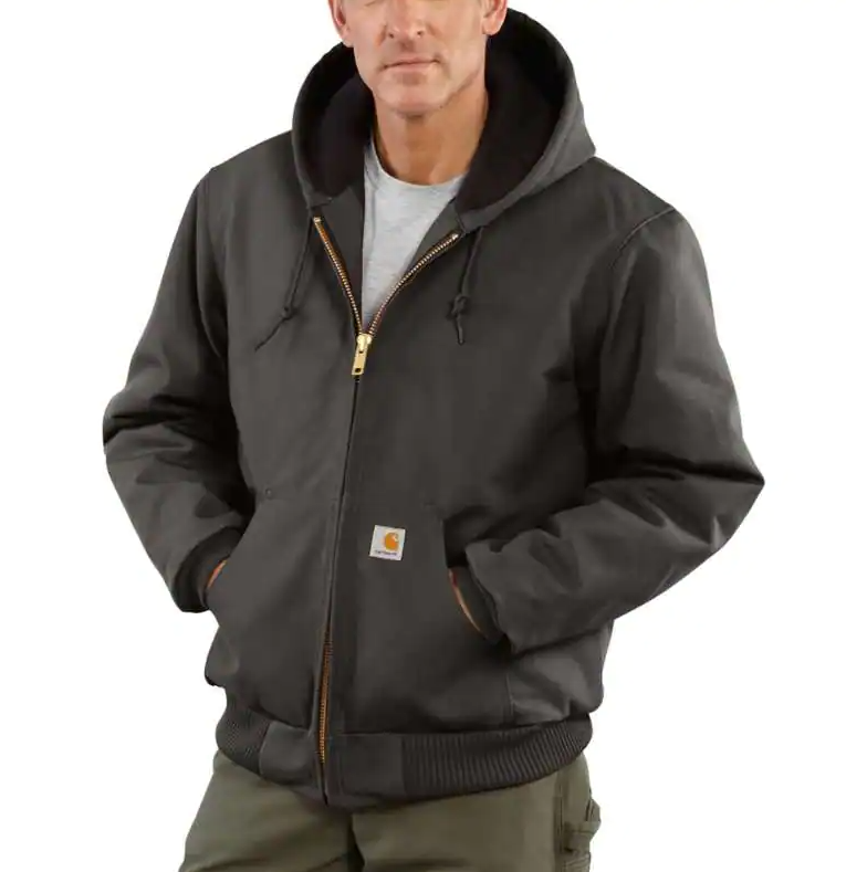 Men's Carhartt hooded work jacket in Gravel. 