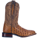A side view of the brown Dan Post Alamosa saddle tan full quill ostrich boot with a square toe.