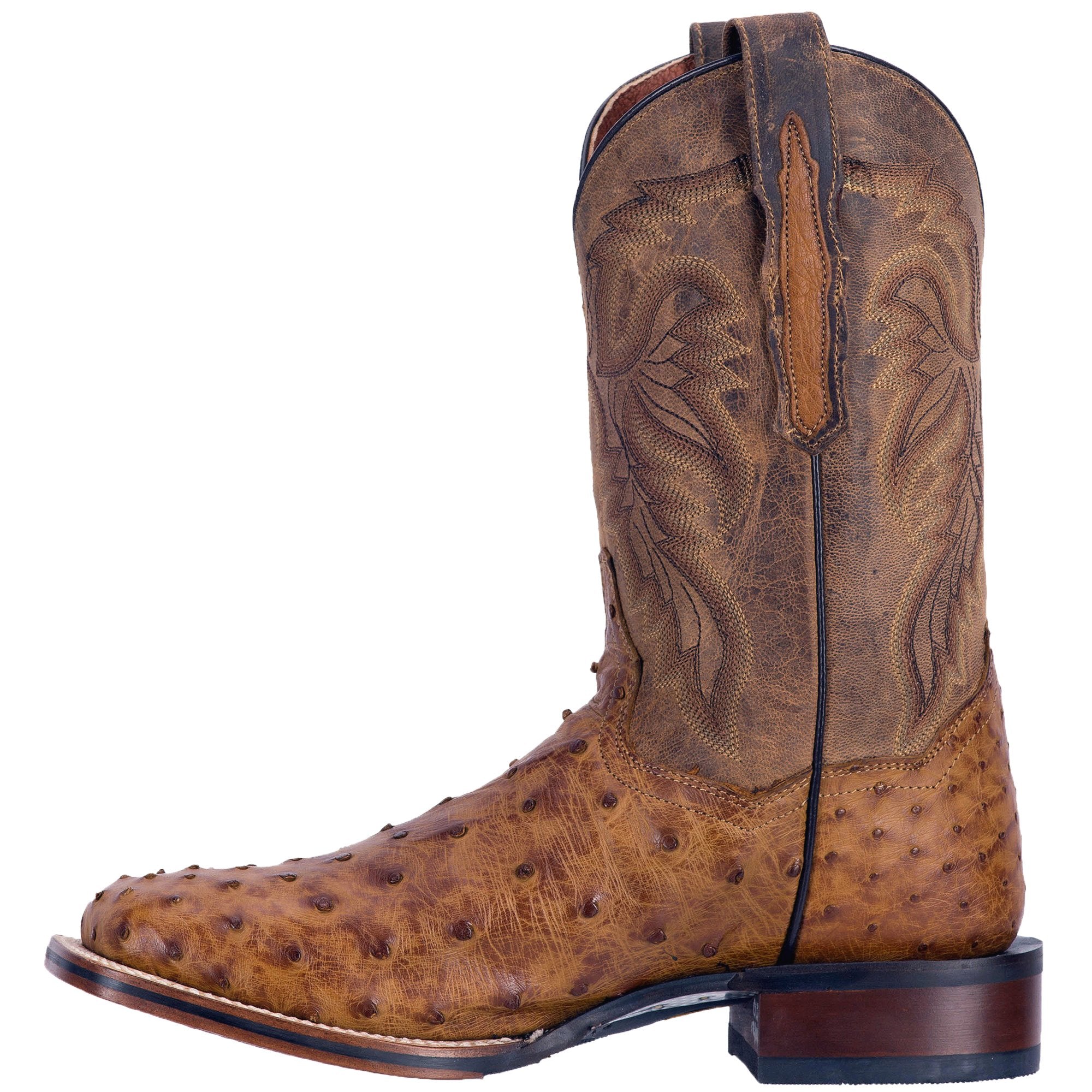 A instep side view of the brown Dan Post Alamosa saddle tan full quill ostrich boot with a square toe.