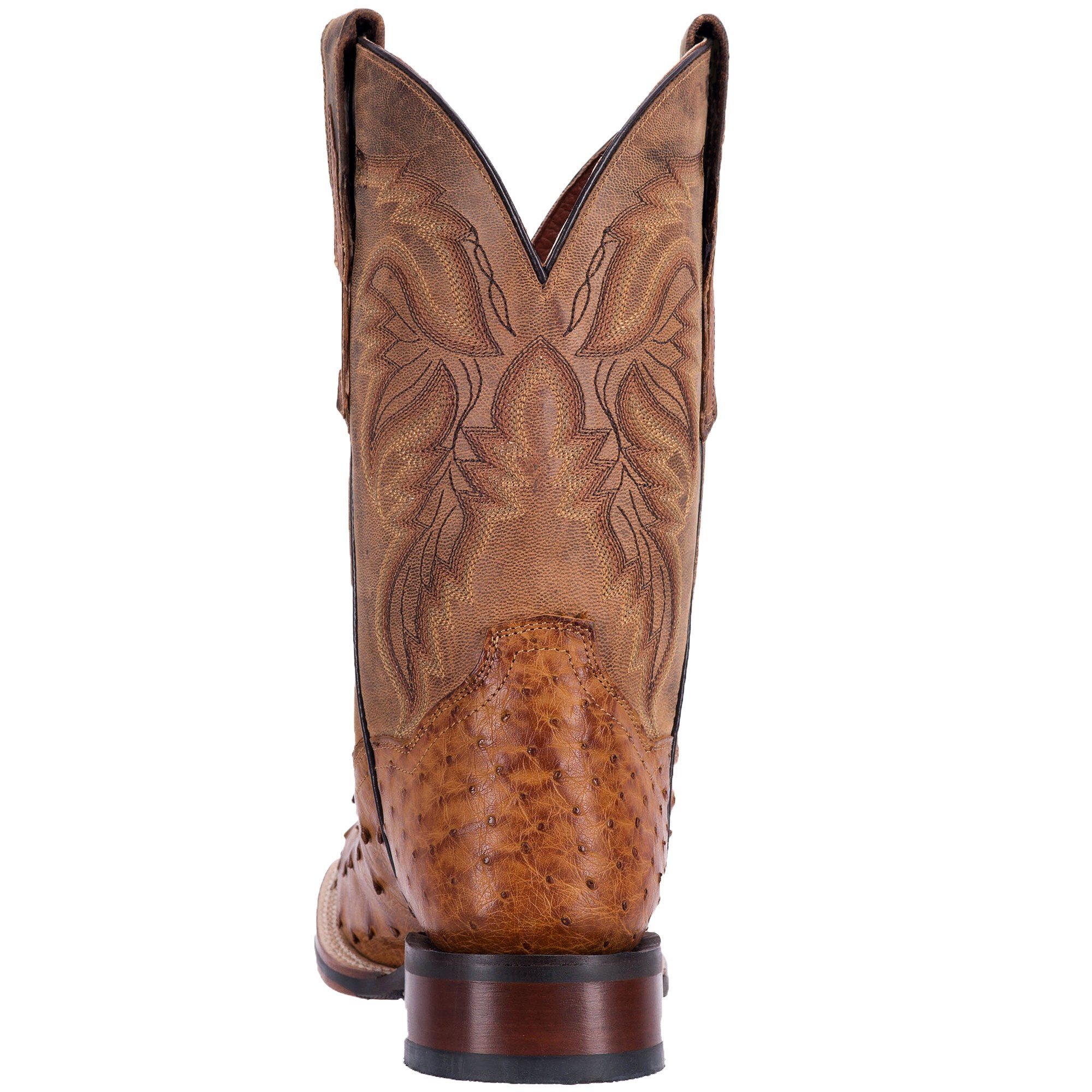 A heel view of the brown Dan Post Alamosa saddle tan full quill ostrich boot with a square toe.