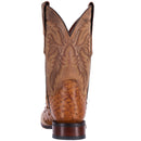A heel view of the brown Dan Post Alamosa saddle tan full quill ostrich boot with a square toe.