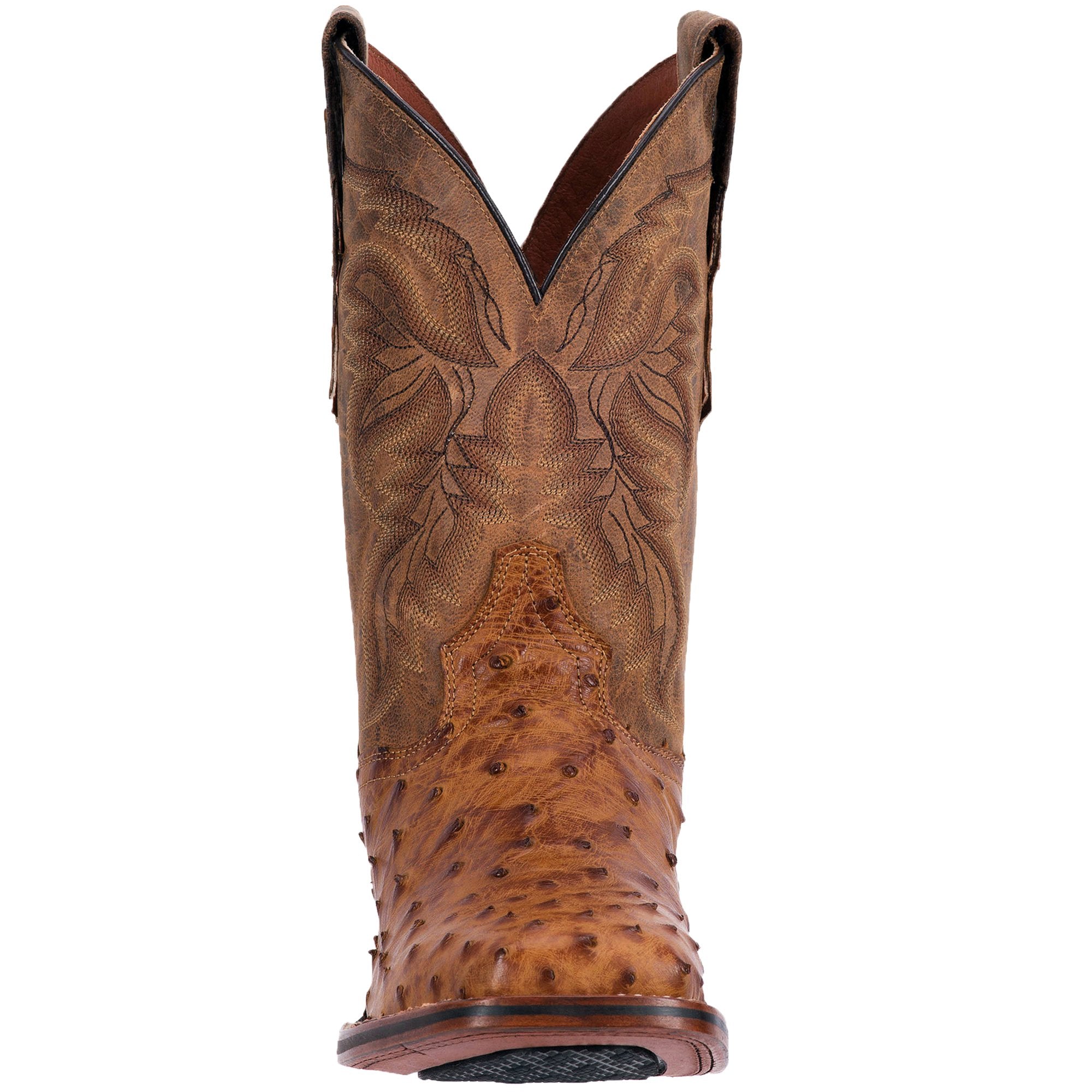 A front view of the brown Dan Post Alamosa saddle tan full quill ostrich boot with a square toe.