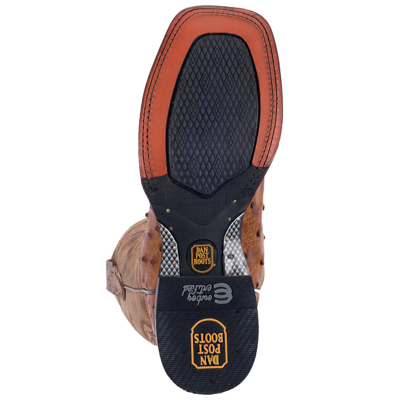 A outsole view of the brown Dan Post Alamosa saddle tan full quill ostrich boot with a square toe.