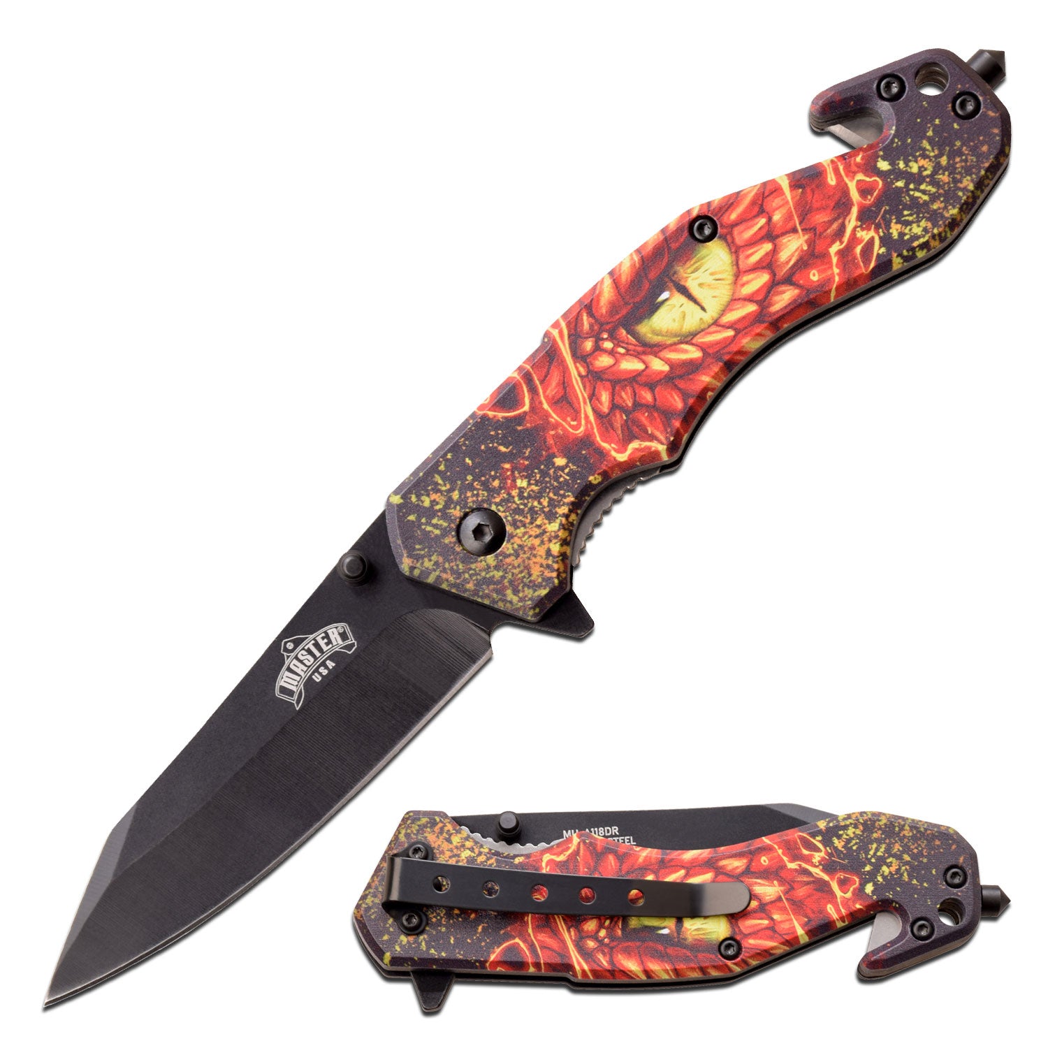 Handle Material Injection Molded ABS
Handle Lock Type Liner Lock
Handle Artwork Embossed Printing
Blade Length 3.75 Inches
Blade Color Black
Blade Material 3Cr13
Blade Edge Type Fine Edge
Blade Shape Tanto
Features Cutter, Glass Breaker, Pocket Clip 
Front view with back view of clip