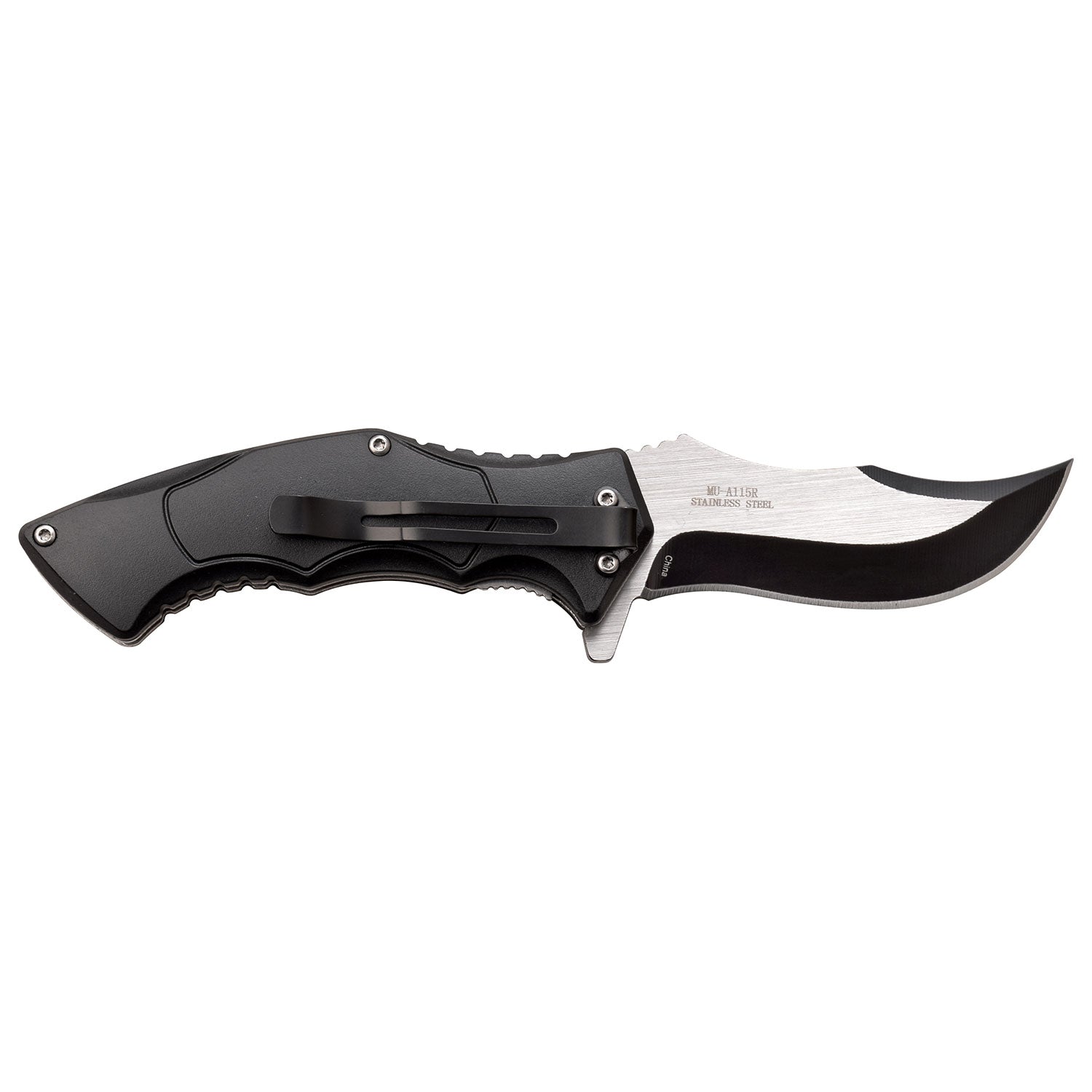 Spring Assisted Open, Finger Flipper, Liner Lock, Black Oxidized and Satin Finish Stainless Steel Blade, Injection Molded ABS Handle with Embossed Patriotic Skull Design and Pocket Clip. View of clip and blade