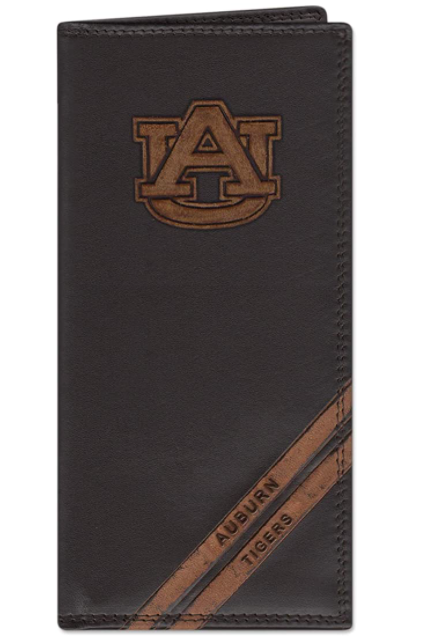 Zep-Pro Leather Auburn University Tigers Brown Debossed Tall Wallet featuring the AU logo near the wallet top in debossed design. Two debossed stripes angled on the bottom right read Auburn Tigers. Front view
