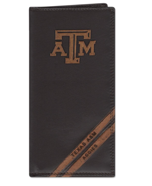A Zep-Pro brown leather tall wallet featuring the Texas A & M logo near the wallet top in debossed design. Two debossed stripes angled on the bottom right read Texas A&M Aggies. Front view