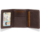 A Men's brown leather tri-fold wallet with a simple solid color design and visible stitching. Inside View