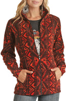 Women's Panhandle front zip fleece jacket in red/black vertical geometric print. Standing collar, slash front handwarmer pockets shown in this front view.