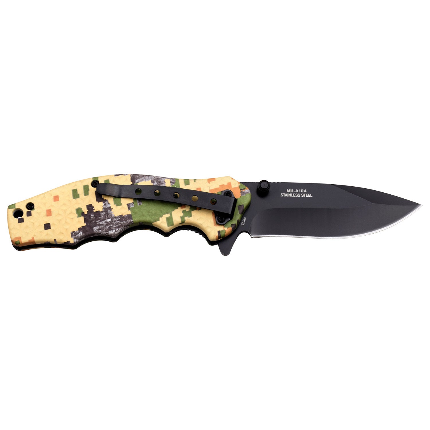 This spring assisted Camo knife has a pocket clip. Shown open