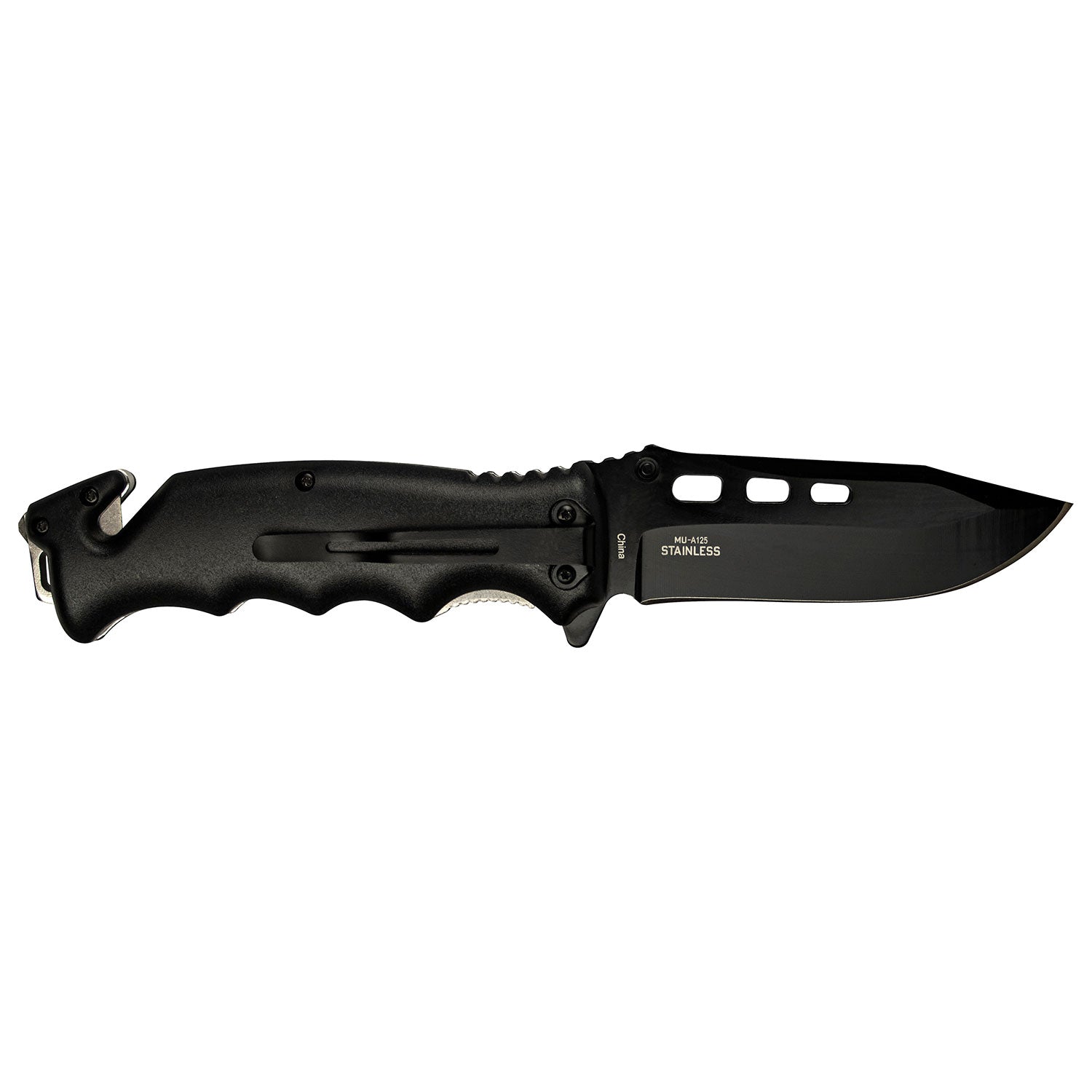 This spring assisted knife has a Black blade and a Dragon design. Shown as open solid black blade. 