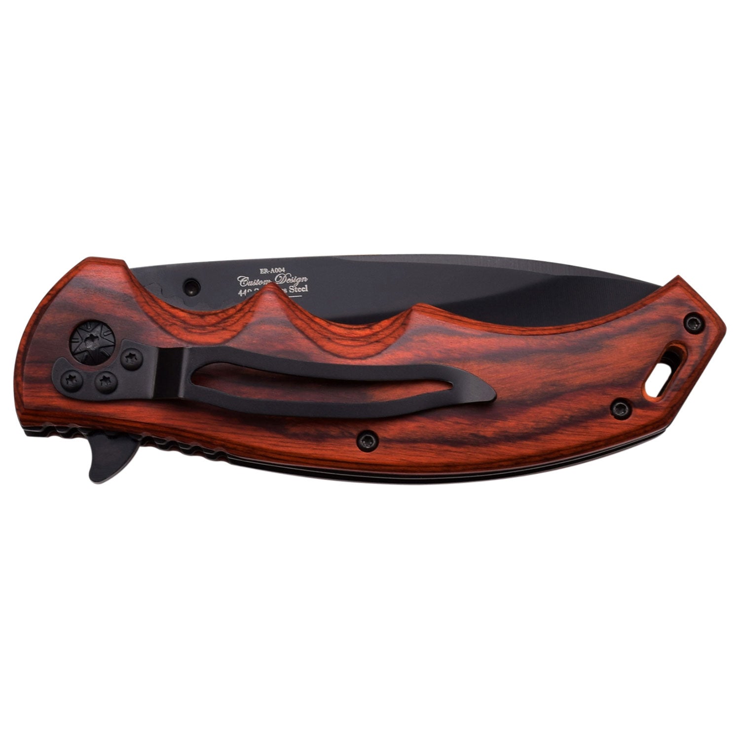 Elk Ridge spring assist knife with Brown Pakkawood handle and black blade. Shown closed featuring pocket clip. 