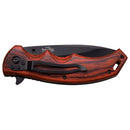 Elk Ridge spring assist knife with Brown Pakkawood handle and black blade. Shown closed featuring pocket clip. 