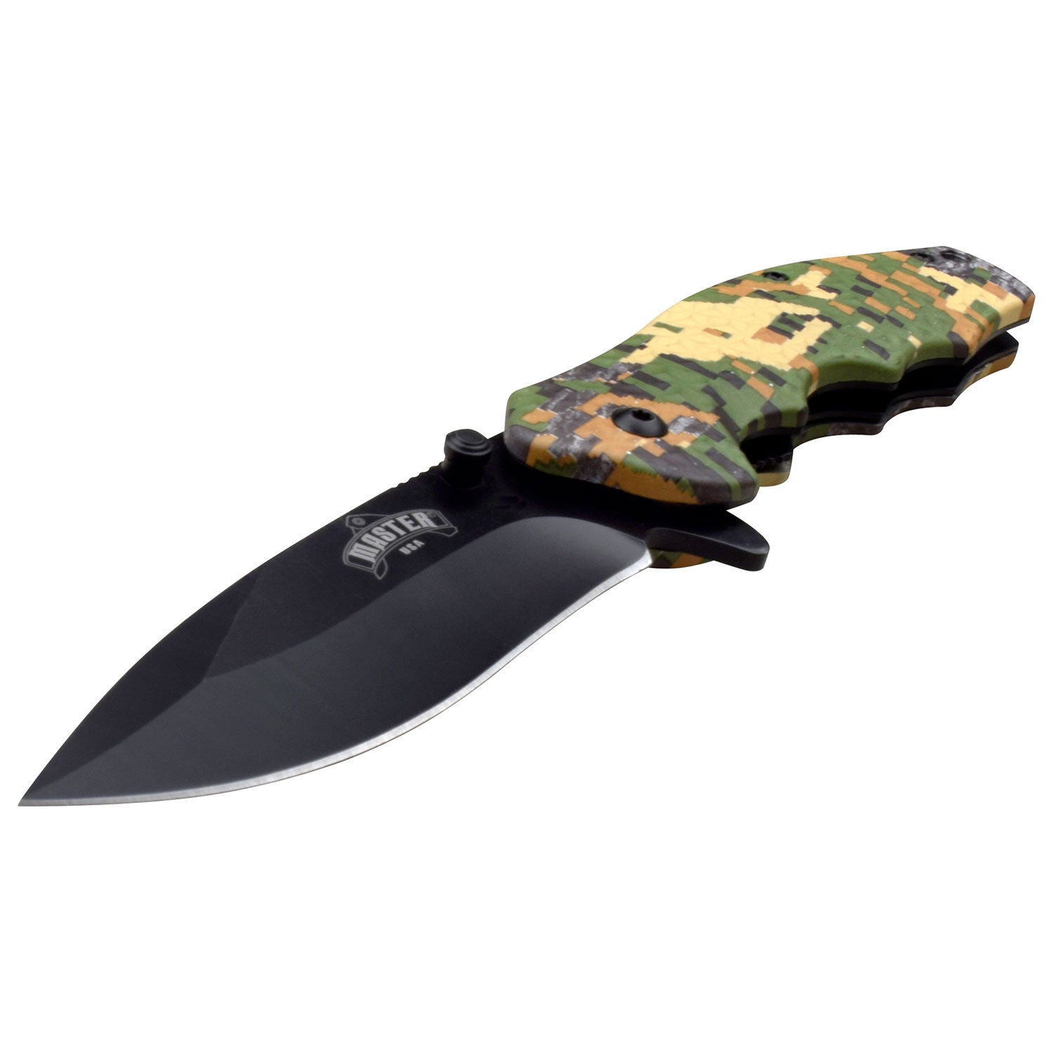 This spring assisted Camo knife has a pocket clip. Shown open