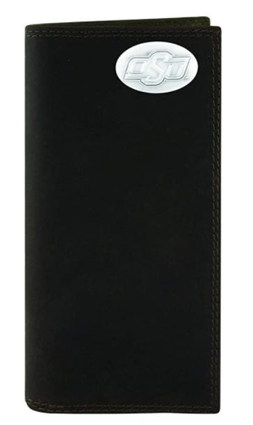 Zep-Pro Oklahoma State University Cowboys Brown “Crazy Horse” Leather Tall Wallet with silver toned metal oval OSU logo concho in upper right corner. Front view
