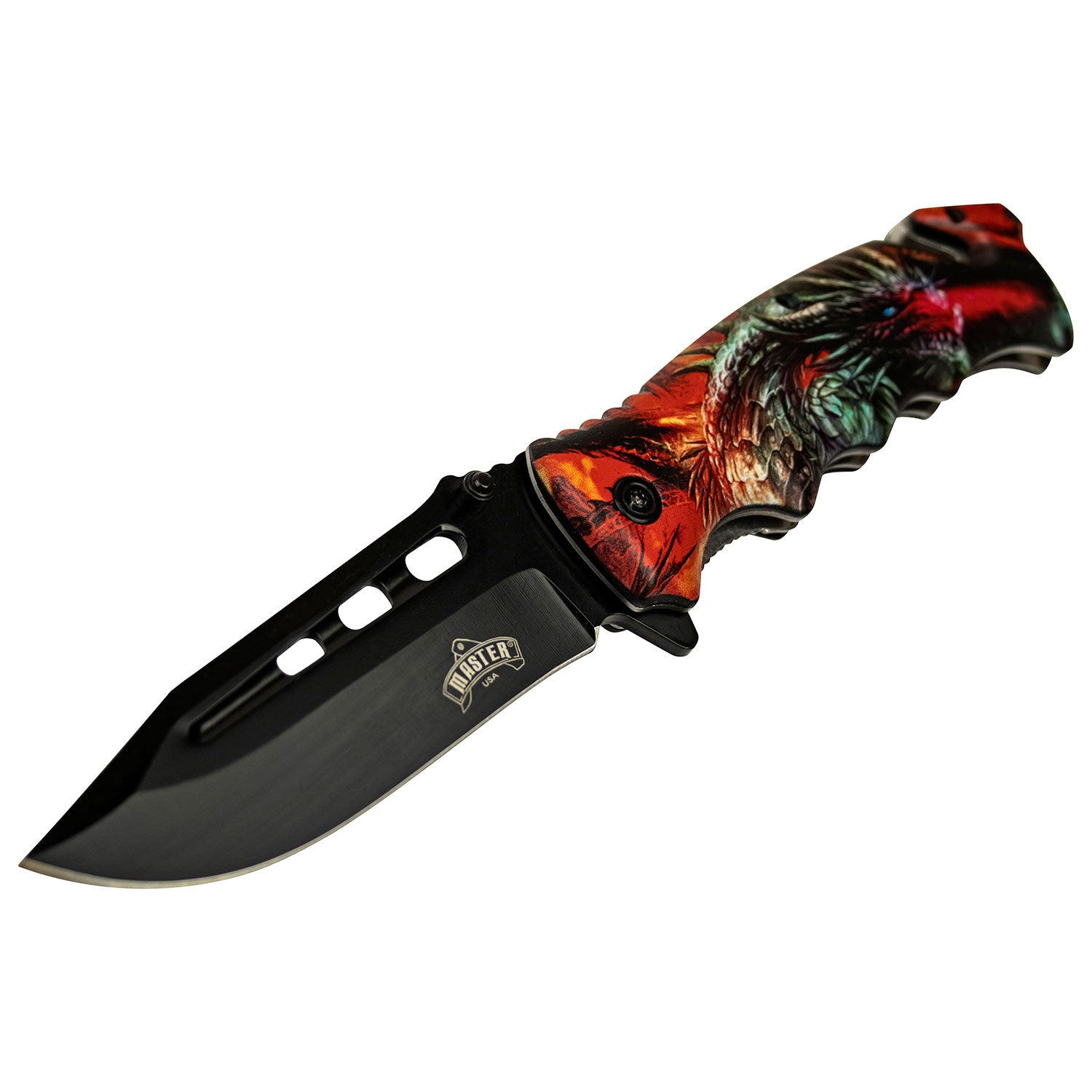 This spring assisted knife has a Black blade and a Dragon design. Shown open