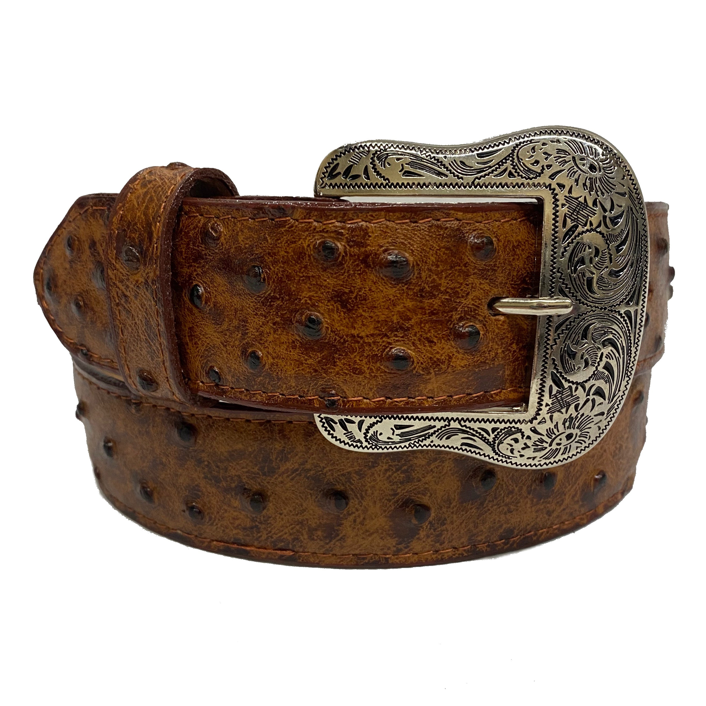 Cowtown Cognac Full Quill Ostrich Print Leather Belt