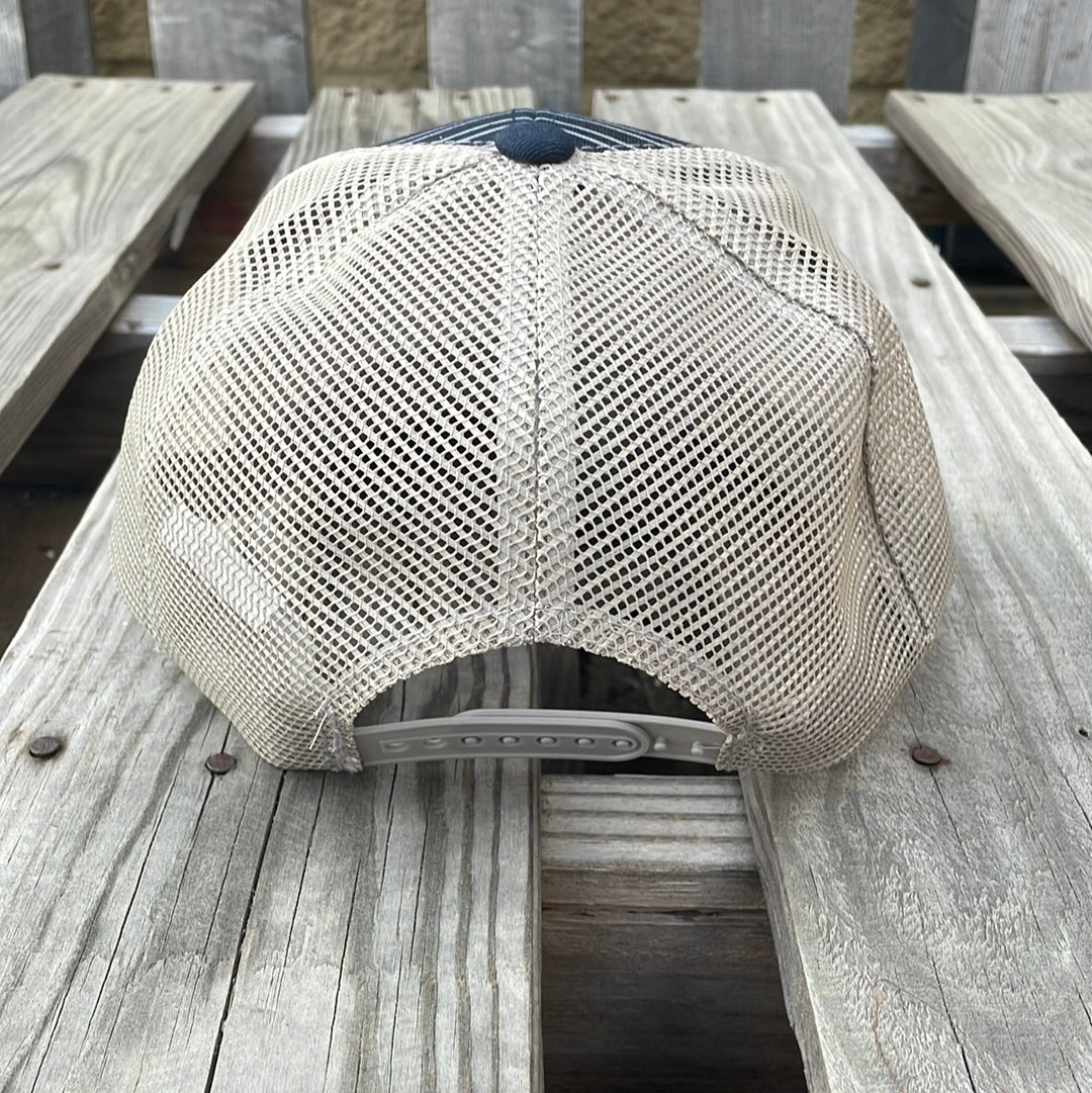 Navy and Grey trucker cap with a striped pattern featuring a cactus patch design on the front, solid Navy bill, Grey mesh back. Rear View 