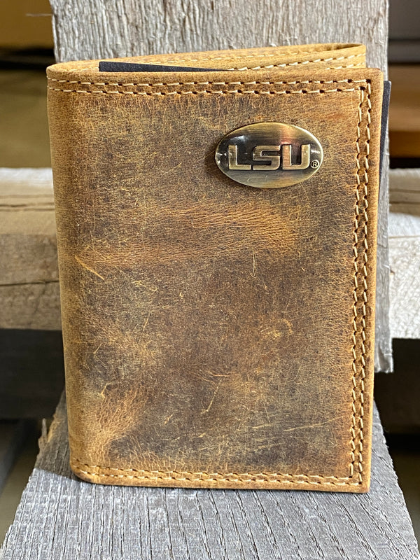 Zep Pro IWT2VINT-LSU Louisiana State University Tigers Vintage Brown “Crazy Horse” Leather Tri-fold Wallet